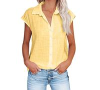 Masrin Hemden für Frauen Einfarbige Bluse aus Baumwoll Leinen Button Down Shirts Revers Kurzarm Sommershirt Freizeithemden Locker Urlaub Strandhemd Blusentops mit Knopfleiste Damenbluse Hemdblusen