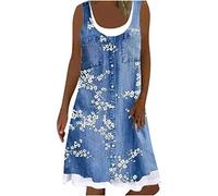 Masrin Imitation Jeanskleid Damen Gefälschtes Zweiteiliges Sommerkleid Ärmelloses O-Ausschnitt Tankkleid Lässiges Blumendruck A-Linien Kleid Knielanges Panzerkleid Freizeitkleid Urlaub Strandkleid