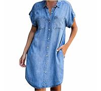 Masrin Jeanskleid für Damen Sommer Umlegekragen Kurzarm Hemdblusenkleid Einfarbiges, lockeres Etuikleid mit Taschen Knielanges Kleid Trendige Streetwear(S,Blau)