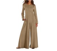 Masrin Jumpsuit Damen Kuschelig Elegant Große Größen Overall mit Taschen und Reißverschluss hinten Palazzo Onesie Rundhals Langarm Strampler Playsuit Romper Spielanzug Weites Bein Strampelhöschen