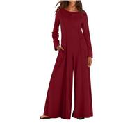 Masrin Jumpsuit Damen Kuschelig Elegant Große Größen Overall mit Taschen und Reißverschluss hinten Palazzo Onesie Rundhals Langarm Strampler Playsuit Romper Spielanzug Weites Bein Strampelhöschen