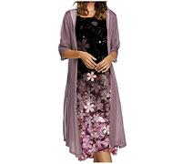 Masrin Kleider Anzug Damen Böhmisches Blumendruck langes Kleid zweiteiliges Set Ärmelloses Trägerkleid + Einfarbig Langarm Chiffon Strickjacke Feiertags Strandkleid Sommerkleid Elegante Partykleid