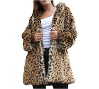Masrin Kunstpelzmantel Damen Warme Plüsch Winterjacke Mittellanger Trenchcoat mit Leoparden Print Langärmliger Fleece Mantel mit Umlegekragen Cardigan Bluse mit offenem Reißverschluss Übergangsjacke
