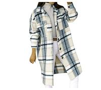 Masrin Langer Wollmantel Damen Lässige Karierte Hemdjacke Einreihige Windjacke mit Revers Herbst Langarmshirts Hemd im Street Hipster Stil Strickjacken Übergangsmantel Übergangsjacke Winterjacken