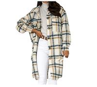 Masrin Langer Wollmantel Damen Lässige Karierte Hemdjacke Einreihige Windjacke mit Revers Herbst Langarmshirts Hemd im Street Hipster Stil Strickjacken Übergangsmantel Übergangsjacke Winterjacken