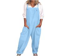 Masrin Latzhose Damen Sommer Lang Baumwoll Leinen Jumpsuit Oversize Cargohose Arbeitshose Einfarbig Einteiler Overall Ärmellos Breite Bein Bib Hose mit Tasche Spielanzug StrampelhöSchen Hosenanzug