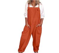 Masrin Latzhose Damen Sommer Lang Baumwoll Leinen Jumpsuit Oversize Cargohose Arbeitshose Einfarbig Einteiler Overall Ärmellos Breite Bein Bib Hose mit Tasche Spielanzug StrampelhöSchen Hosenanzug
