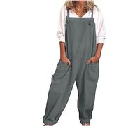 Masrin Latzhose Damen Sommer Lang Baumwoll Leinen Jumpsuit Oversize Cargohose Arbeitshose Einfarbig Einteiler Overall Ärmellos Breite Bein Bib Hose mit Tasche Spielanzug StrampelhöSchen Hosenanzug