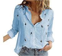 Masrin Leinenhemd für Damen Vintage-Oberteile mit Vogelmotiv Schlichte Schlichtheit Tops Sommer Herbst Langarmbluse Cardigan mit losem Knopf und Umschlagkragen(S,Blau)