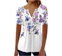 Masrin Longshirt Damen Lang Bluse mit Knopfleiste Lässiges Landschaft Motiv Tshirt Oberteile Kurzärmlige Sommer Tops mit V-Ausschnitt Elegant T-Shirt Long Loose Fit Bluse Shirts Lose Jumper Partywear
