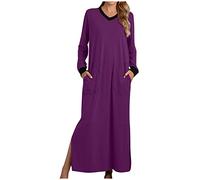 Masrin Nachthemd Damen Einfarbiges Maxikleid V-Ausschnitt Langarm Pulloverkleid Knöchellange Nachtwäsche mit Taschen Pyjama mit Seitenschlitz Schlafanzug Nachtkleid Nightdress