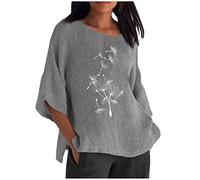 Masrin Oversize Baumwoll Leinen Bluse Damen 3/4 Ärmeln Oberteile Vintage Löwenzahn Druck Tshirt Rundhals Dreiviertelärmel Pullover Große Größen Longshirt Lose All-Match Tunika Bluse Urlaub Freizeit