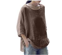 Masrin Oversize Baumwoll Leinen Bluse Damen Oberteile mit 3/4 Ärmeln Retro Einfarbig Tshirt Dreiviertelärmel Pullover mit Rundhals Große Größen Longshirt All-Match Bluse Shirt Lose Hemdbluse S-5XL