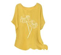 Masrin Oversize Baumwoll Leinen Oberteile Lässiges Gänseblümchenmuster T-Shirt Sommer Kurzarm Tops Pullover mit Rundhalsausschnitt Lässiges Hemd Lockere Bluse Große Größe Pulli Shirt Blusentops