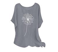 Masrin Oversize Baumwoll Leinen Oberteile Vintage Löwenzahn Druck T-Shirt Sommer Kurzarm Tops Pullover mit Rundhalsausschnitt Lässiges Hemd Lockere Bluse Große Größe Pulli Shirt Blusentops