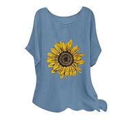 Masrin Oversize Baumwoll Leinen Oberteile Vintage Sonnenblumen Druck T-Shirt Sommer Kurzarm Tops Pullover mit Rundhalsausschnitt Lässiges Hemd Lockere Bluse Große Größe Pulli Shirt Blusentops