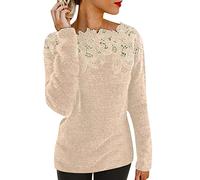 Masrin Pullover Damen Lässiger einfarbiger Strickpullover Pulli Tops mit floraler Spitze Naht Langärmlige Strickoberteile mit Schrägausschnitt Herbst Winter warmes Sweatshirt Basic Shirt Sweater