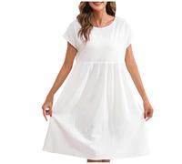 Masrin Sommerkleid Damen Einfarbige Musselin Kleider Knielanges A-Linie Kleid Patchwork Skaterkleid Kurzärmliges Rundhals Sonnenkleid Baumwolle Leinen Midikleid Freizeitkleid Süß Partykleid