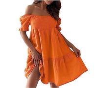 Masrin Sommerkleid Damen Swing Kleid Sommer Off Shoulder Slash Neck Skaterkleid Einfarbiges A-Linien-Kleid Trägerloses, kurzärmliges, knielanges Patchwork-Kleid Strandkleid Party Kleid