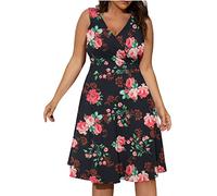 Masrin Sommerkleid für Mollige Frauen Kleider Oversize Blumendruck Tankkleid Sexy Ärmelloses V-Ausschnitt Sonnenkleid Tunika Wickelkleid Fließendes A-Linie Kleid Knielanges Midikleid Partykleid L-5XL