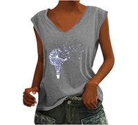 Masrin Tank Tops Oberteile Damen Sommer Trendige Modisches Löwenzahn Motiv Tshirt V-Ausschnitt Ärmellos Sommershirt All-Match Tunika Bluse Bequem Urlaub Freizeit T-Shirts für Jeans Strandtunika