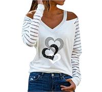 Masrin Trendige Oberteile Damen Sexy Schulterfreies Hemd Lässiger Pullover mit Liebes Herz Druck Neckholder Tunika mit V Ausschnitt Aushöhlen Langarmbluse Herbst Langarmshirts