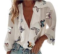 Masrin Trendige Oberteile für Damen Elegantes Chiffon-Hemd mit Modebuchstaben und Blumendruck Frühherbstliche Rüschenbluse Lockere Tunika mit V-Ausschnitt und Langen Ärmeln(L,Mehrfarbig)