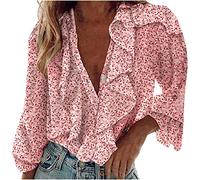 Masrin Trendige Oberteile für Damen Elegantes einfarbiges farbiges Chiffon-Hemd Frühherbstliche Rüschenbluse Lockere Tunika mit V-Ausschnitt und Langen Ärmeln(M,Rosa)