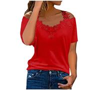 Masrin Tunika Damen Sommer Kurzarm Tshirt Modische Spitzenbesatz Bluse Schulterfreies V-Ausschnitt Shirt Floralem Schmetterlingsdruck Oberteile Sexy Schnürung T-Shirt Slim Fit Tops Partywear S-5XL