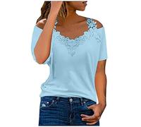 Masrin Tunika Damen Sommer Kurzarm Tshirt Modische Spitzenbesatz Bluse Schulterfreies V-Ausschnitt Shirt Floralem Schmetterlingsdruck Oberteile Sexy Schnürung T-Shirt Slim Fit Tops Partywear S-5XL