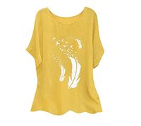 Masrin Übergröße Baumwoll Leinen Oberteile Vintage Feder Druck T-Shirt Sommer Kurzarm Tops Pullover mit Rundhalsausschnitt Lässiges Hemd Lockere Bluse Große Größe Pulli Shirt Blusentops