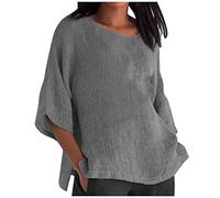 Masrin Übergroße Baumwoll Leinen Bluse Damen Oberteile mit 3/4 Ärmeln Retro Einfarbig Tshirt Rundhals Dreiviertelärmel Pullover Große Größen Langarmshirt All-Match Tunika Bluse Lose Hemdbluse