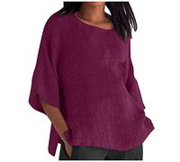 Masrin Übergroße Baumwoll Leinen Bluse Damen Oberteile mit 3/4 Ärmeln Retro Einfarbig Tshirt Rundhals Dreiviertelärmel Pullover Große Größen Langarmshirt All-Match Tunika Bluse Lose Hemdbluse