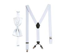 Massi Morino Hosenträger mit Fliege Weiß Set für Herren und Damen I Y-Form Träger elastisch mit extra starken Clips - 3,5cm breit - längenverstellbar I Vorgebundener Schlips für Anzug