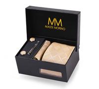 Massi Morino Krawatte Champagner Quadrat mit Einstecktuch Set Herren inkl. Manschettenknöpfe, Krawattennadel und Geschenkbox | Männer Krawattenset zur Hochzeit