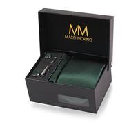 Massi Morino Krawatte Dunkelgrün mit Einstecktuch Set Herren inkl. Manschettenknöpfe, Krawattennadel und Geschenkbox | Männer Krawattenset zur Hochzeit