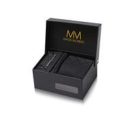 Massi Morino Krawatte Schwarz Quadrat mit Einstecktuch Set Herren inkl. Manschettenknöpfe, Krawattennadel und Geschenkbox | Männer Krawattenset zur Hochzeit
