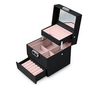 Massido Schmuckkästchen Schmuckschatulle mit Spiegel Schmuckaufbewahrung Organizer Tragbar 13 cm x 13 cm x 12,5 cm Schwarz