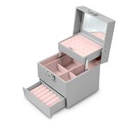 Massido Schmuckkästchen Schmuckschatulle mit Spiegel Schmuckaufbewahrung Organizer Tragbar 13 cm x 13 cm x 12,5 cm Grau