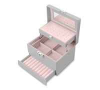 Massido Schmuckkästchen Schmuckschatulle mit Spiegel Schmuckaufbewahrung Organizer Tragbar 17,5 x 13,7 x 12,3 cm Grau