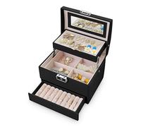 Massido Schmuckkästchen Schmuckschatulle mit Spiegel Schmuckaufbewahrung Organizer Tragbar 17,5 x 13,7 x 12,3 cm Schwarz