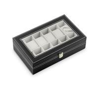 Massido Uhrenbox mit 12 Fächern Uhrenaufbewahrung Uhrenkoffer mit Glasdeckel 33 x 20,5 x 9 cm Schwarz Beige
