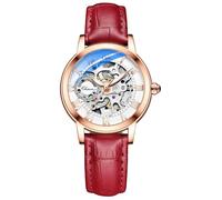 MASTOP Damen-Saphir-Uhren, automatisch, Steampunk, selbstaufziehend, mechanisches Gold-Armband, Damen-Skelett-Armbanduhr, Lederarmband für Damen, rot / goldfarben