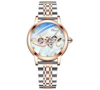 MASTOP Damen-Saphir-Uhren, automatisch, Steampunk, selbstaufziehend, mechanisches Goldarmband, Skelett-Armbanduhr, Lederarmband für Damen, Famale