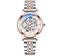 MASTOP Damen-Saphir-Uhren, automatisch, Steampunk, selbstaufziehend, mechanisches Goldarmband, Skelett-Armbanduhr, Lederarmband für Damen, Famale, Stahl, silberfarbene Rose