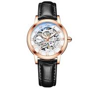 MASTOP Damen-Saphir-Uhren, automatisch, Steampunk, selbstaufziehend, mechanisches Goldarmband, Skelett-Armbanduhr, Lederarmband für Damen, Famale, Schwarz Gold