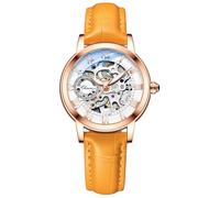 MASTOP Famale Saphir-Uhr für Damen, automatisch, Steampunk, automatisch, selbstaufziehend, goldfarbenes Armband, Skelett-Lederarmband für Damen, Orange Gold