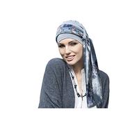 MASUMI - Damen Mütze für Chemotherapie, Krebspatienten und Frauen mit Haarausfall - Turban-Stil - aus Bambus (Grau/Samt/Blu Fiori) - Yanna