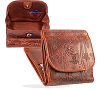 MATADOR Portemonnaie Damen Klein Leder Wien Mini Geldbörse mit edler Geschenk Box, Eleganter Geldbeutel Klein mit RFID Blocker, Luxus Kleine Geldbörse Damen mit vielen Fächern in Blumen Braun