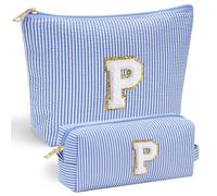 Mateju Blaue Buchstaben Kosmetiktasche, Kulturtasche Damen, Großes Tragbare Kulturbeutel, 2Pcs Make up Tasche, Kosmetiktasche Klein mit Reißverschluss für Tägliche Reisen (P)